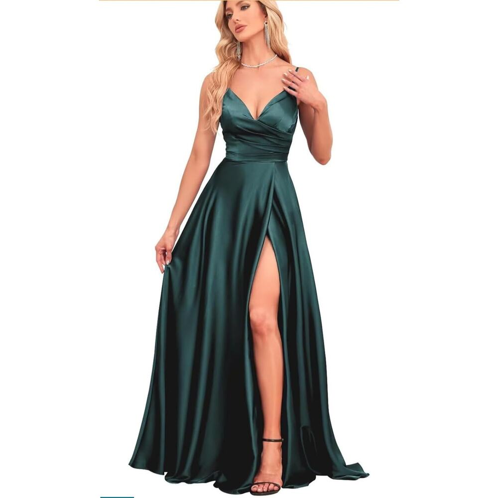 Satin Maxi formal Prom bridesmaid dress Pleated Emerald Green Size 14 Black tie